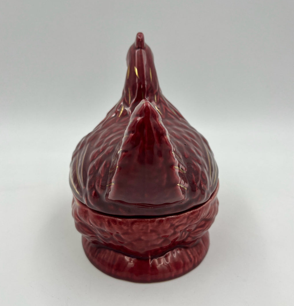 Michel Caugant Ceramic Hen Candy Dish – French Barbotine – Red with Gold Details