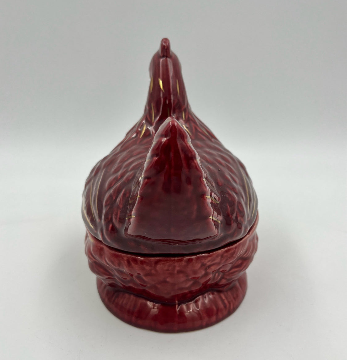 Michel Caugant Ceramic Hen Candy Dish – French Barbotine – Red with Gold Details