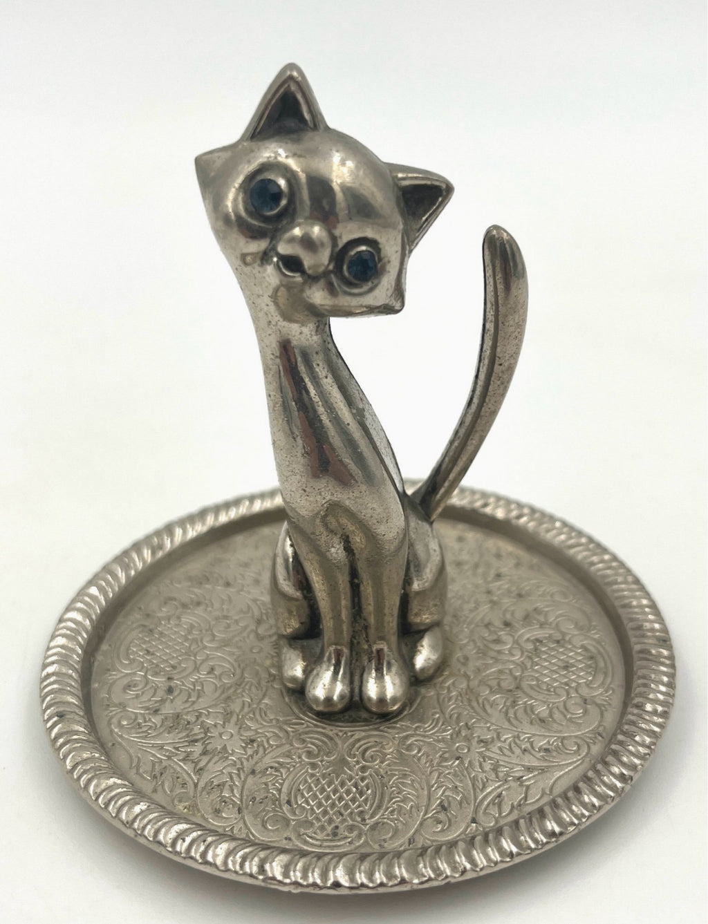 Vintage Cat Jewelry Holder Ring Holder Silver Tray