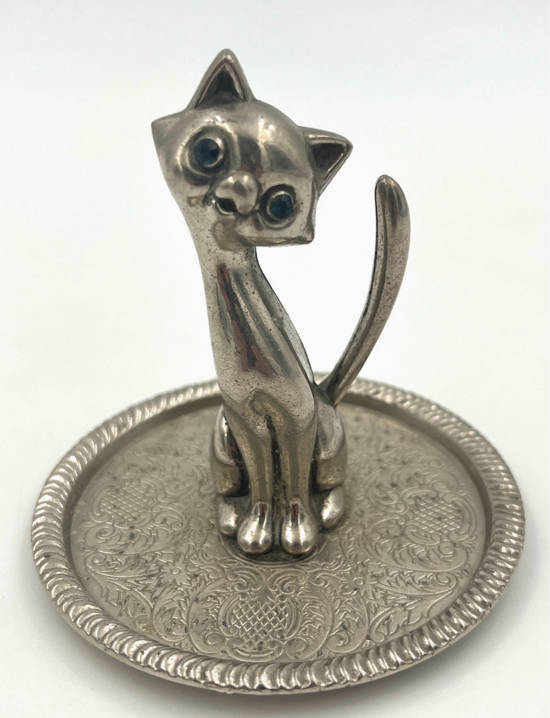 Vintage Cat Jewelry Holder Ring Holder Silver Tray