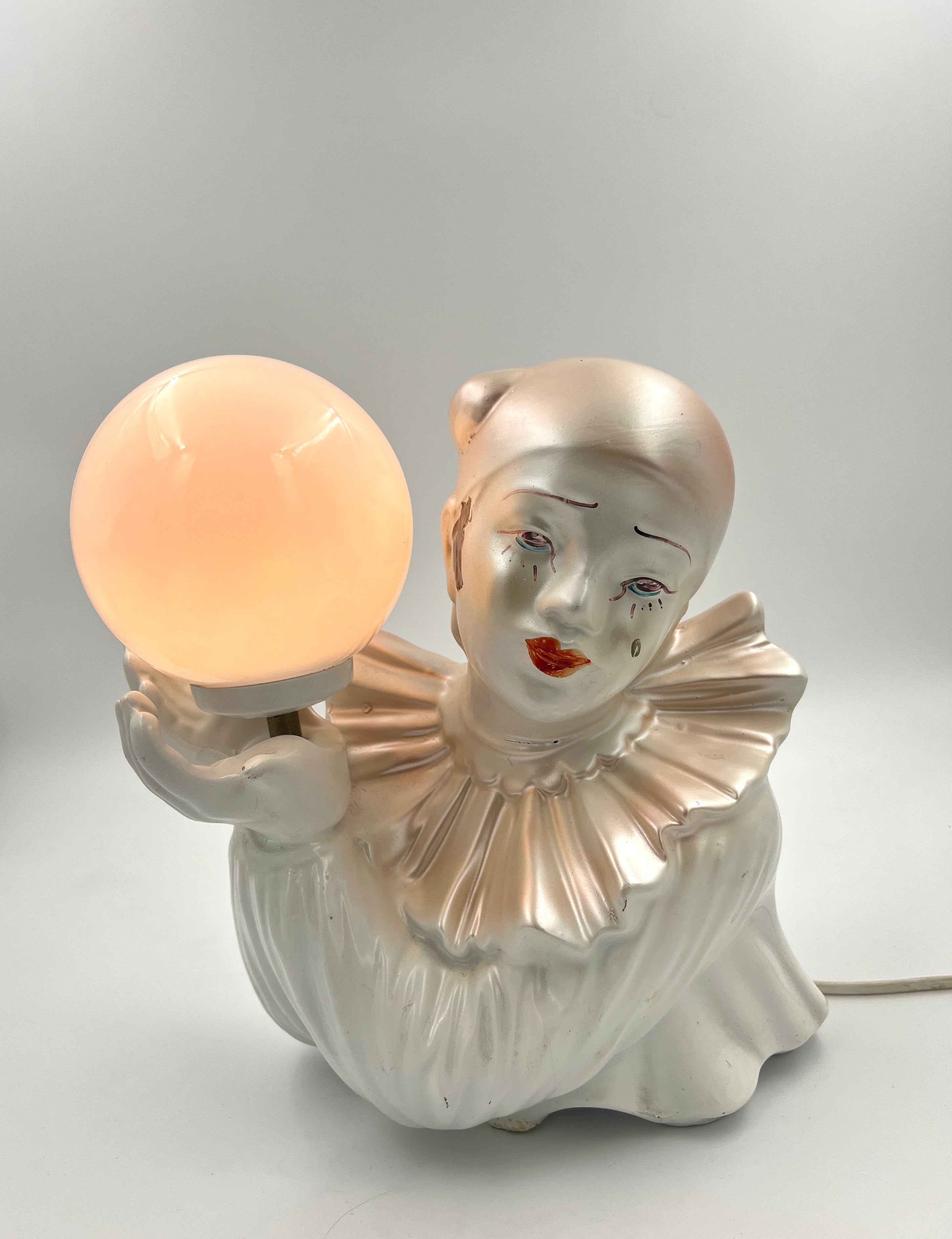 Vintage Pierrot Plastic Table Lamp  Retro Clown Lamp with Glass Globe 1970s 1980s