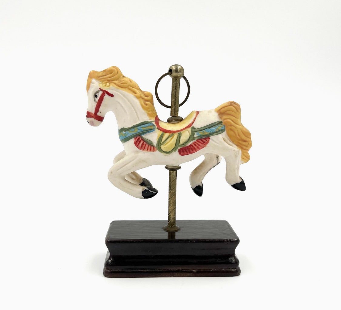 Vintage Carousel Horse Figurine on Wooden Base – Retro Miniature Decor
