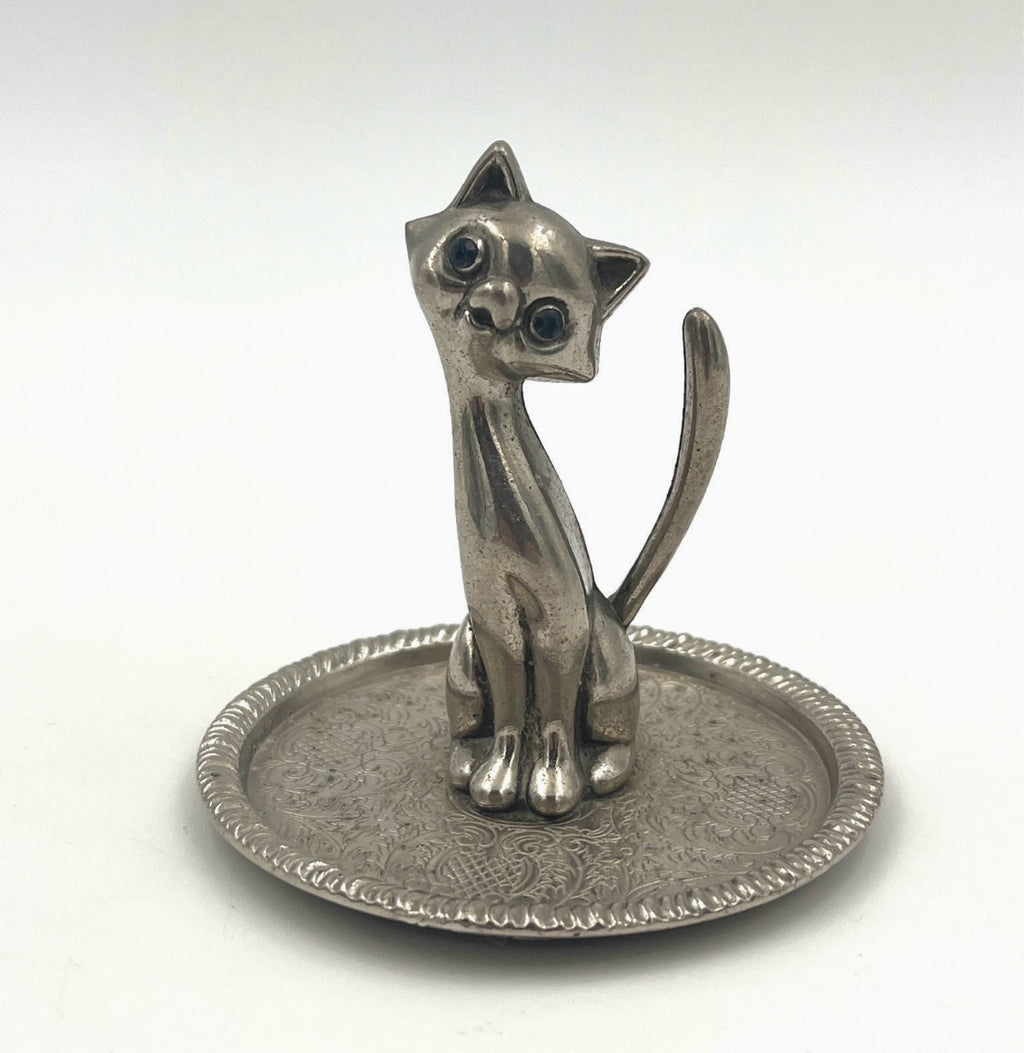 Vintage Cat Jewelry Holder Ring Holder Silver Tray