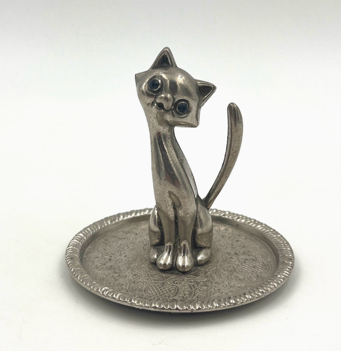 Vintage Cat Jewelry Holder Ring Holder Silver Tray
