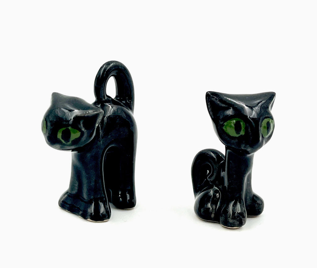 Vintage Black Ceramic Cats with Green Eyes – Mid Century Retro Cat Figurines