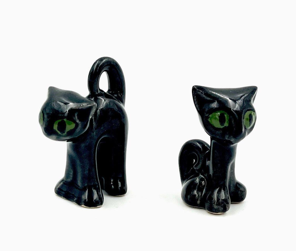 Vintage Black Ceramic Cats with Green Eyes – Mid Century Retro Cat Figurines