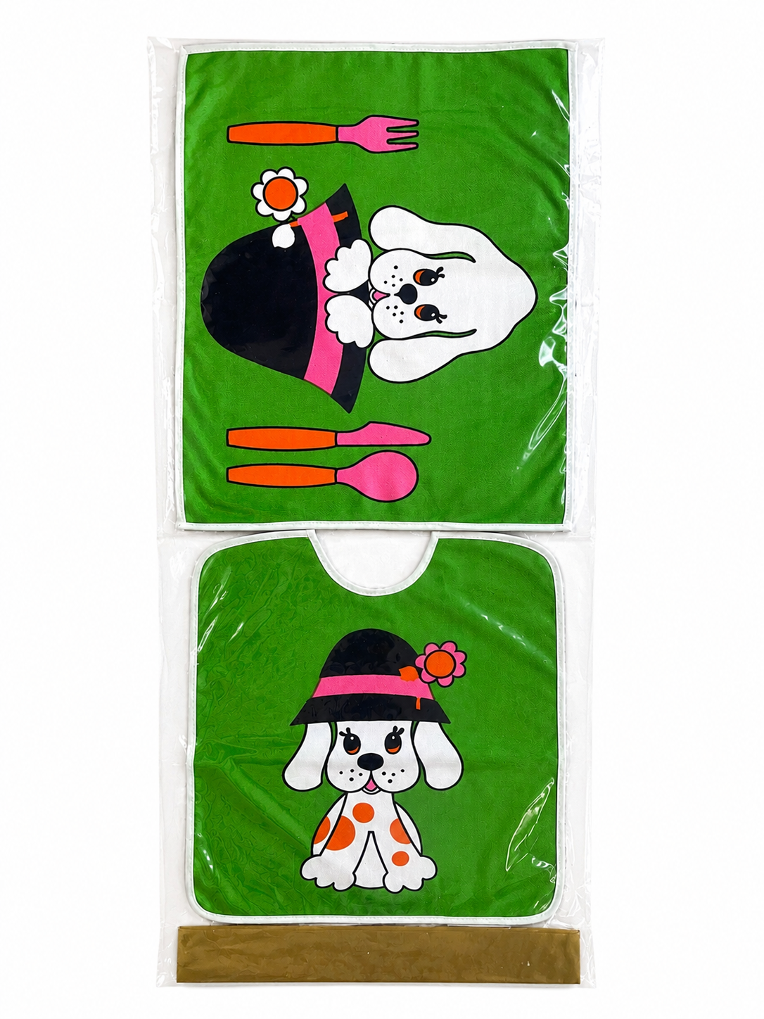 Vintage 1970s Children’s Placemat & Bib Set NOS Sealed Puppy Design Anilbas Spain Retro