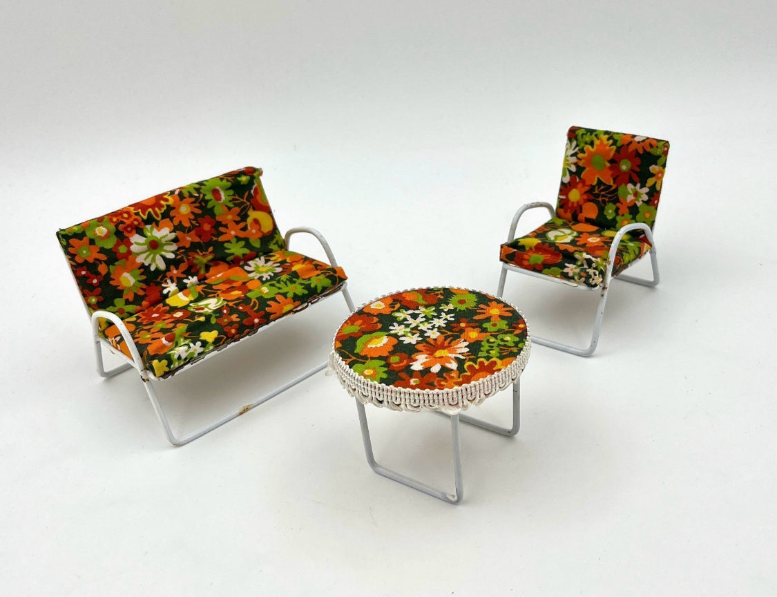 Vintage Dollhouse Furniture Set 1960s–70s – Sofa, Armchair & Table Flower Power Retro