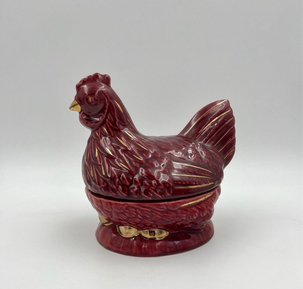 Michel Caugant Ceramic Hen Candy Dish – French Barbotine – Red with Gold Details