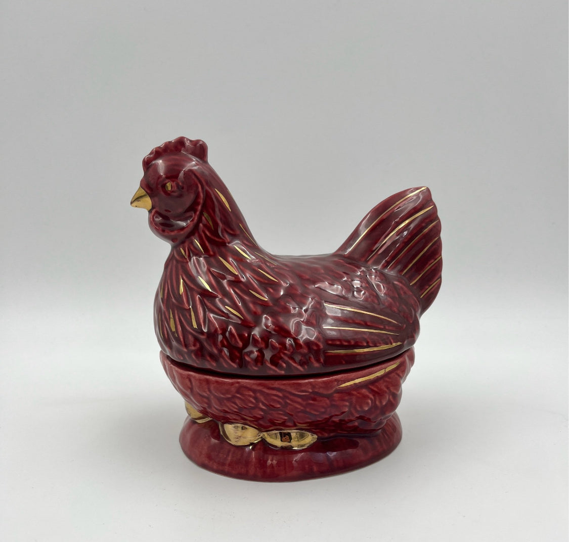 Michel Caugant Ceramic Hen Candy Dish – French Barbotine – Red with Gold Details