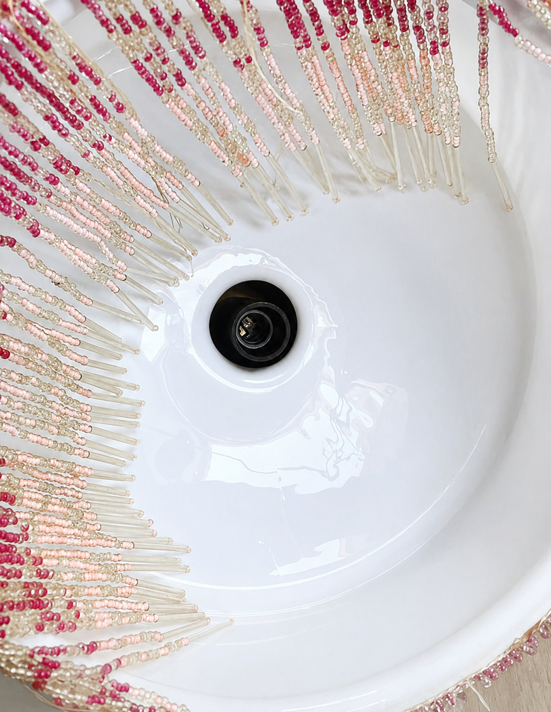 Antique Opaline Pendant Lamp with Beaded Fringe – Art Nouveau / Jugend Vintage Ceiling Light