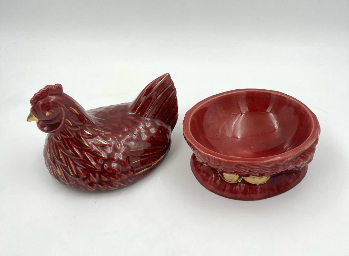 Michel Caugant Ceramic Hen Candy Dish – French Barbotine – Red with Gold Details