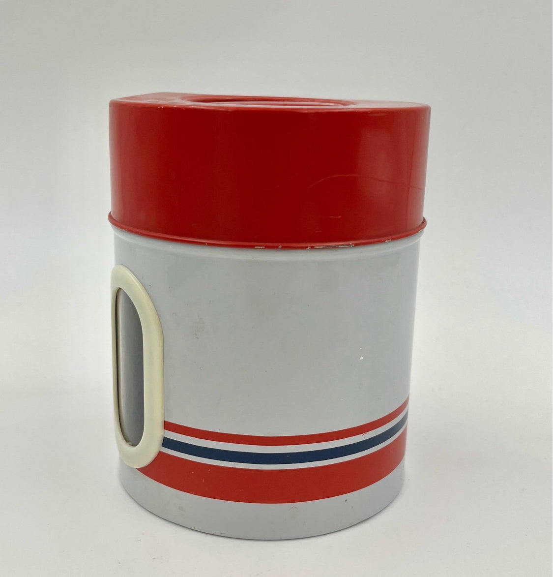 Vintage Tin Container with Red Lid – Retro Storage Jar 1970s
