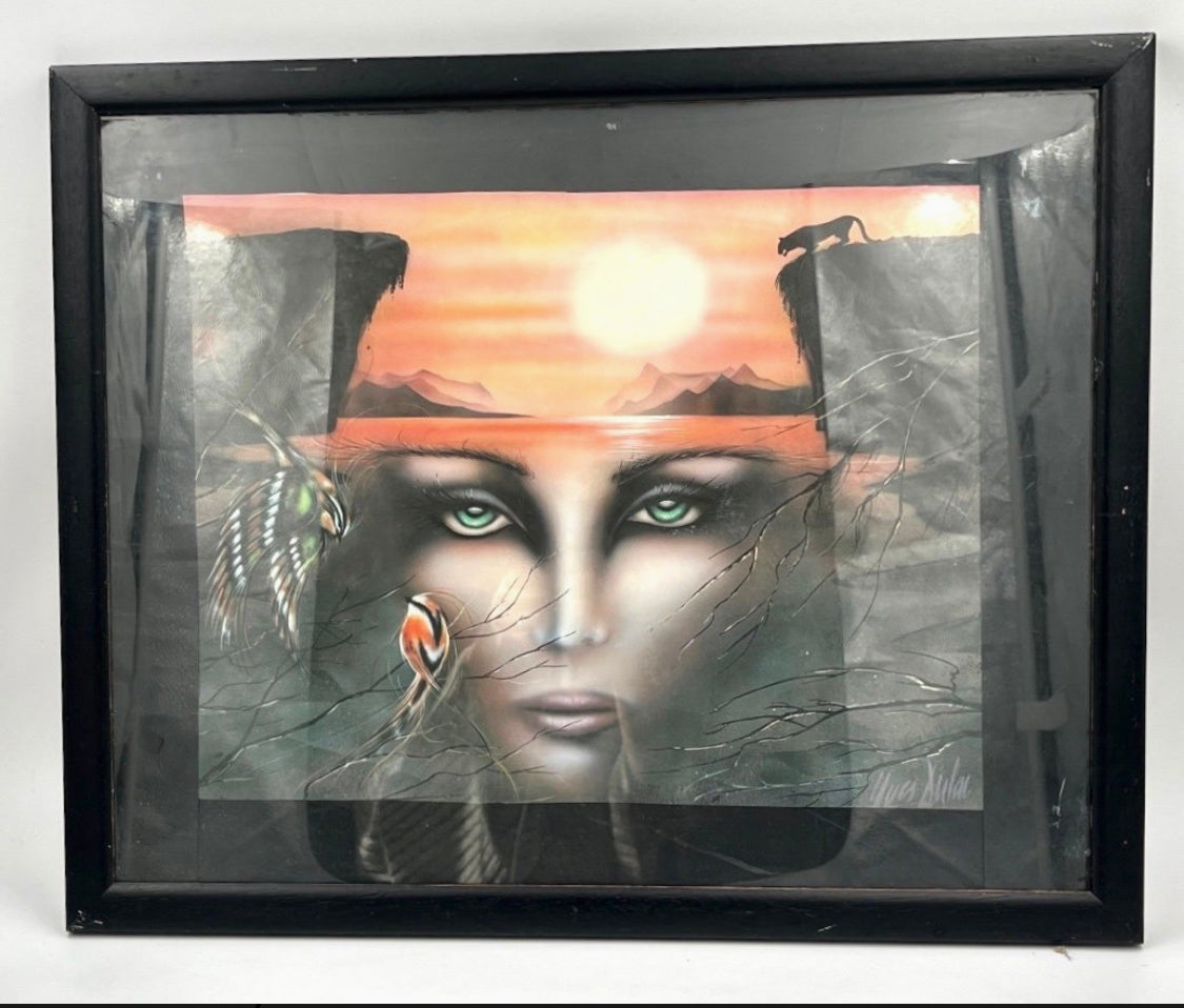 Vintage Framed Fantasy Art Print – Woman Portrait Wall Art 1980s