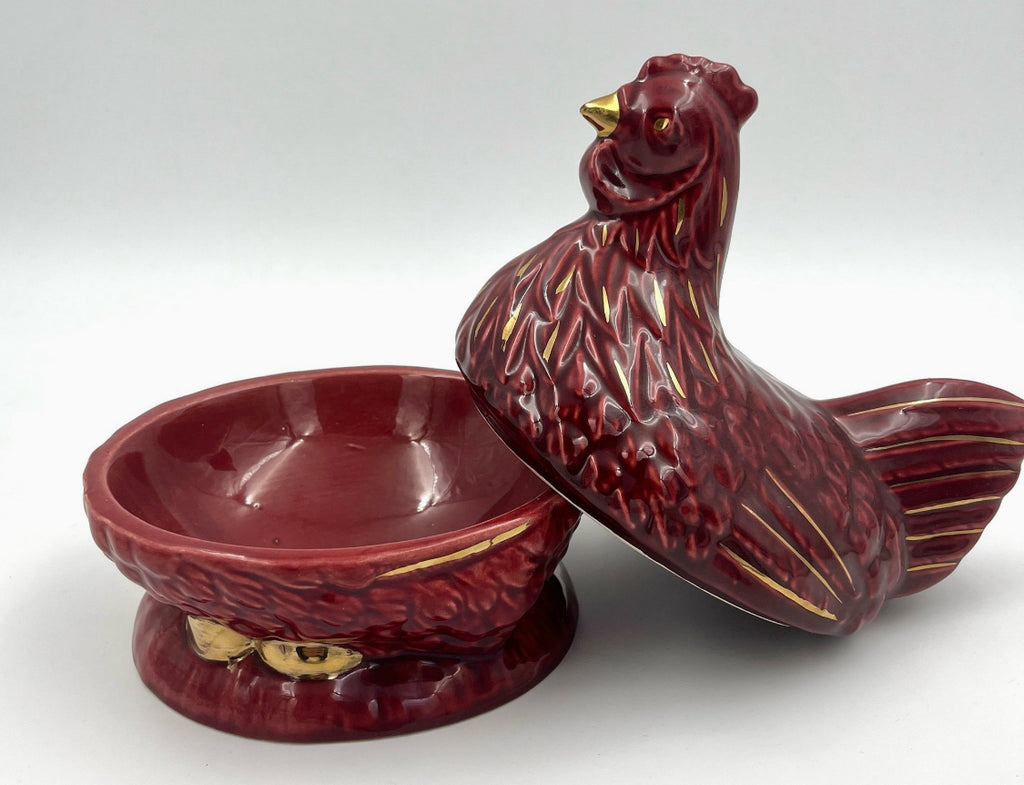Michel Caugant Ceramic Hen Candy Dish – French Barbotine – Red with Gold Details