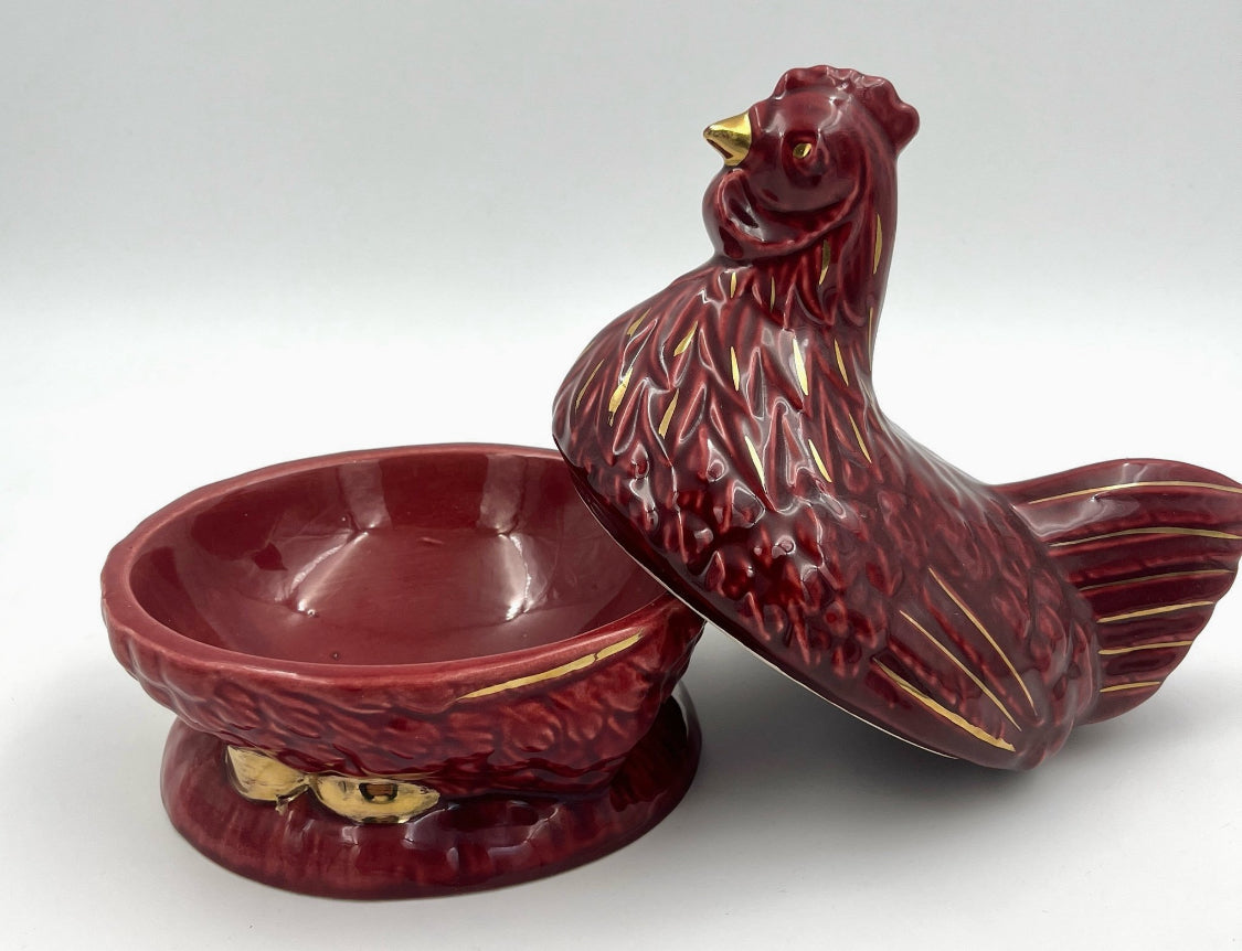 Michel Caugant Ceramic Hen Candy Dish – French Barbotine – Red with Gold Details