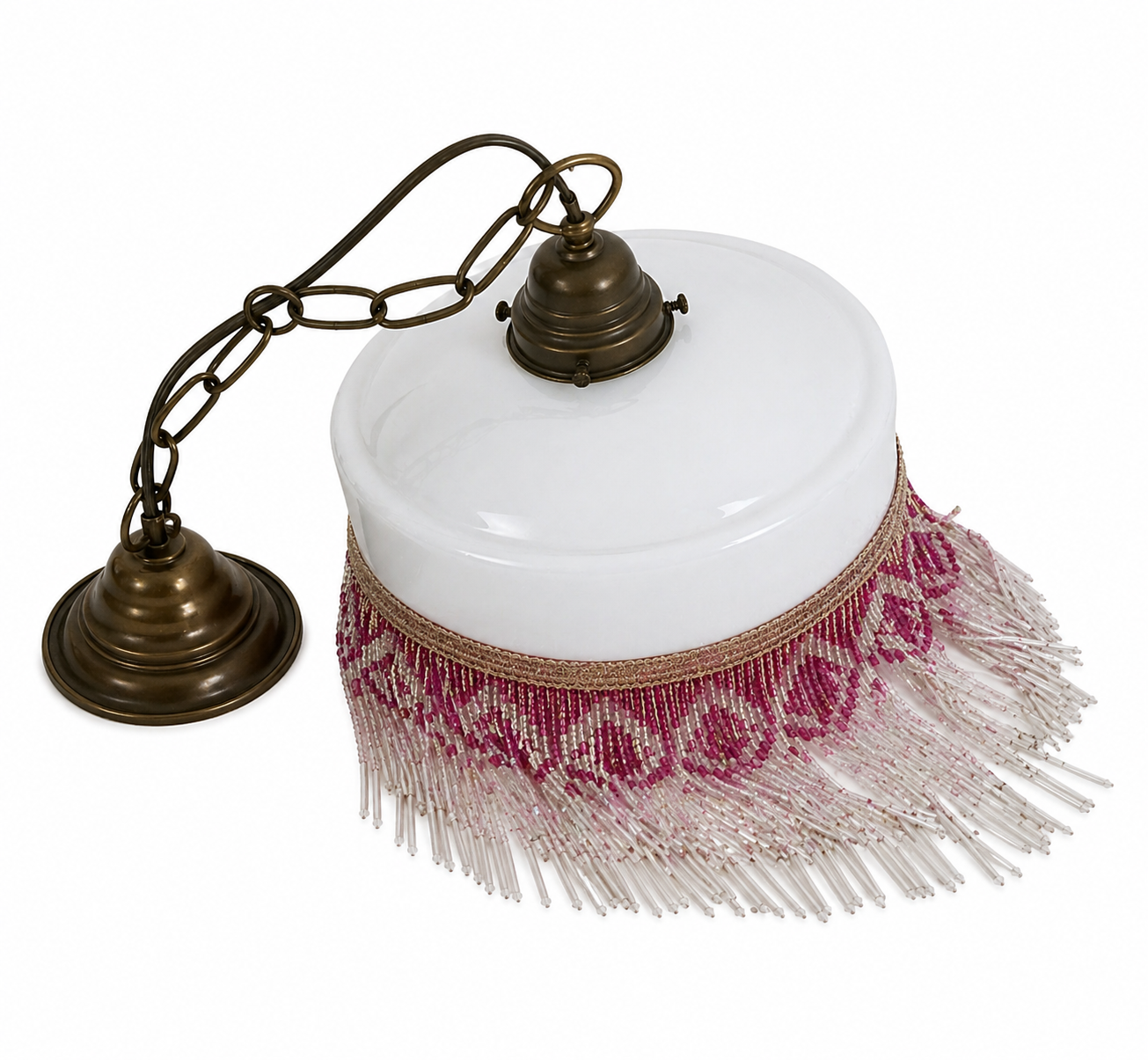 Antique Opaline Pendant Lamp with Beaded Fringe – Art Nouveau / Jugend Vintage Ceiling Light