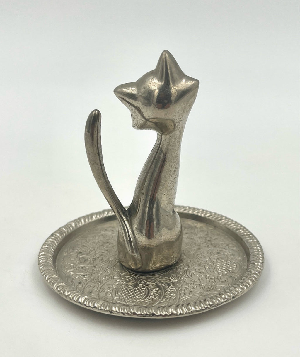 Vintage Cat Jewelry Holder Ring Holder Silver Tray