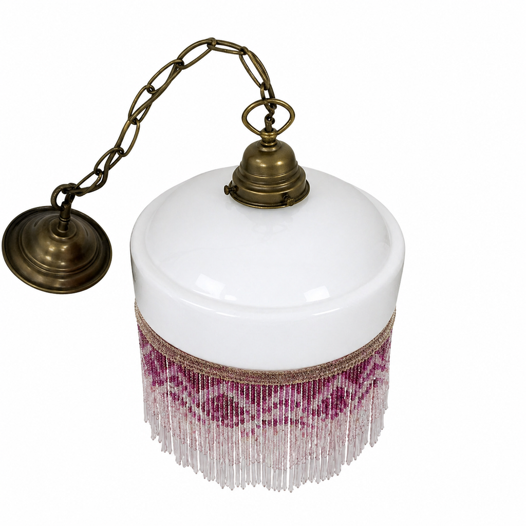 Antique Opaline Pendant Lamp with Beaded Fringe – Art Nouveau / Jugend Vintage Ceiling Light