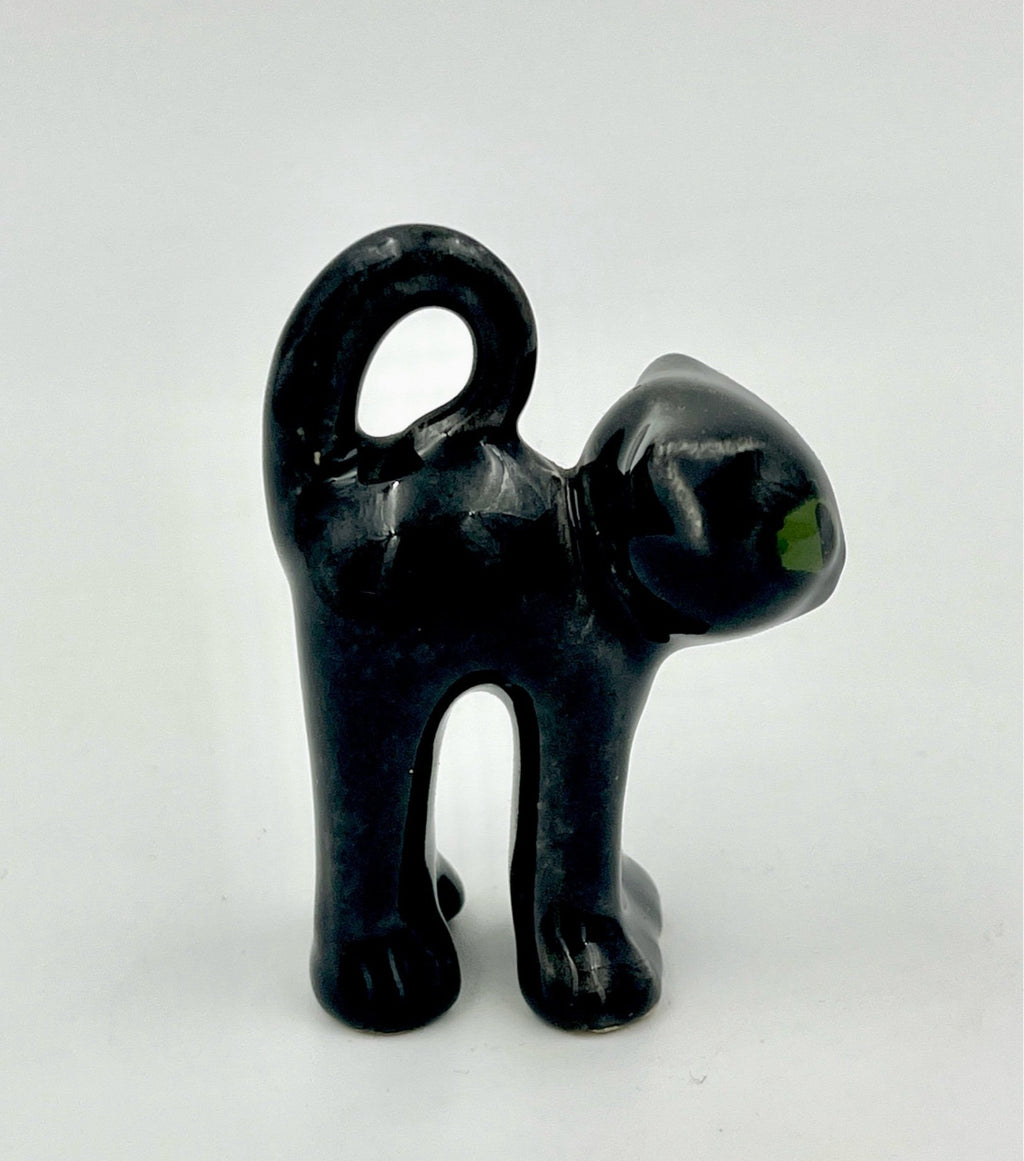 Vintage Black Ceramic Cats with Green Eyes – Mid Century Retro Cat Figurines