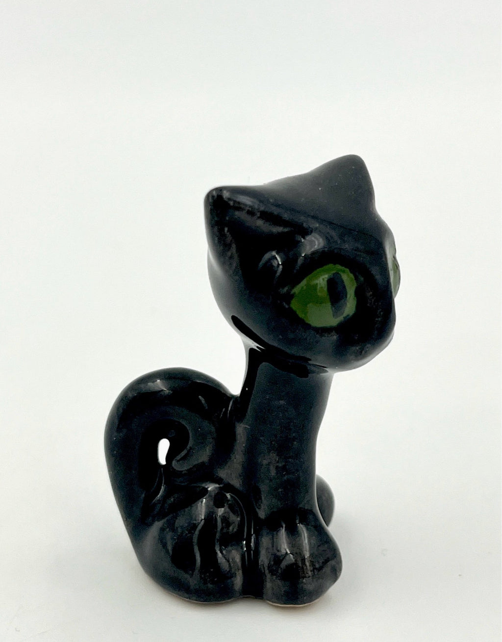 Vintage Black Ceramic Cats with Green Eyes – Mid Century Retro Cat Figurines