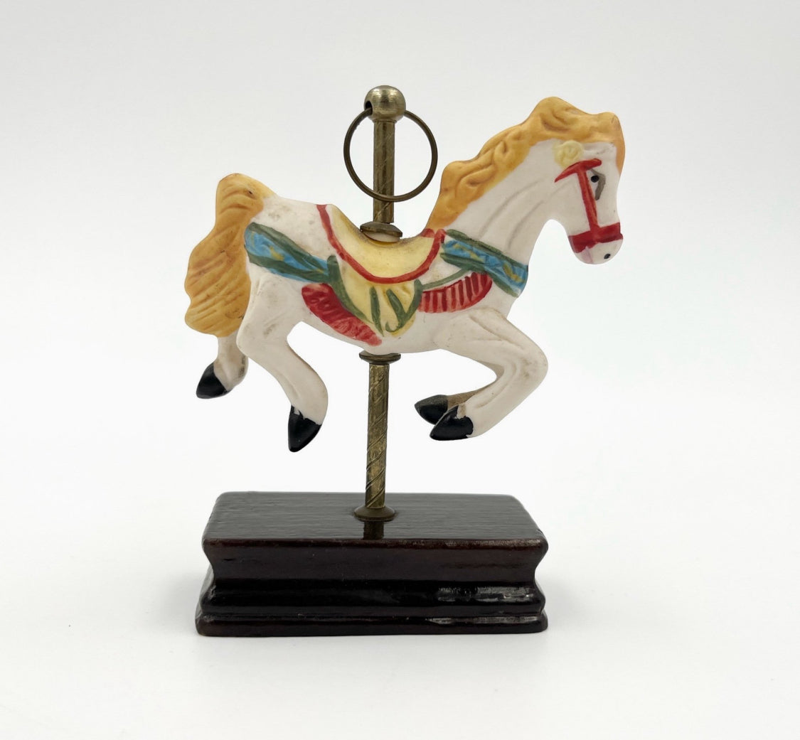 Vintage Carousel Horse Figurine on Wooden Base – Retro Miniature Decor