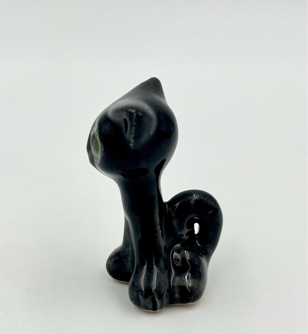 Vintage Black Ceramic Cats with Green Eyes – Mid Century Retro Cat Figurines