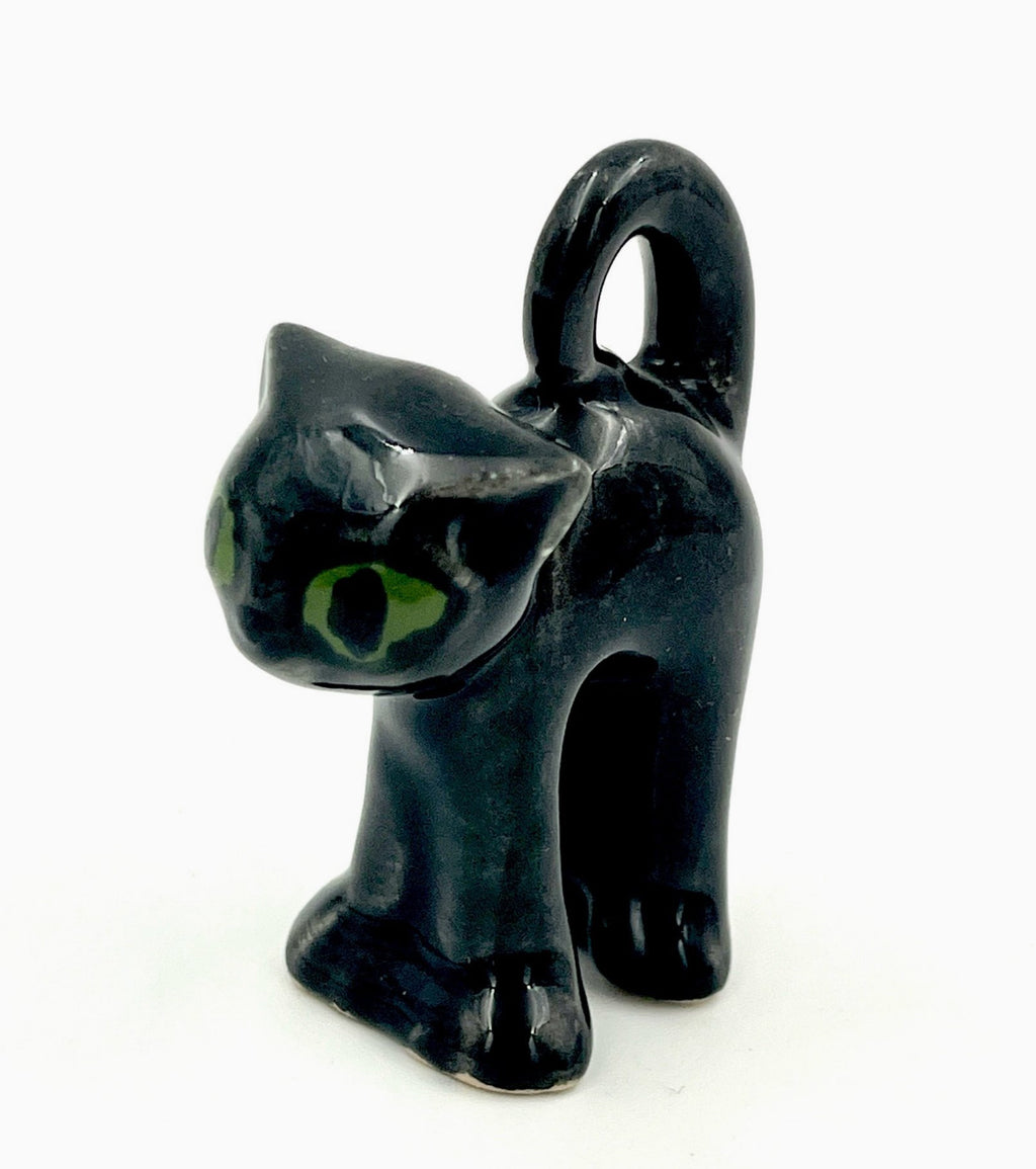 Vintage Black Ceramic Cats with Green Eyes – Mid Century Retro Cat Figurines