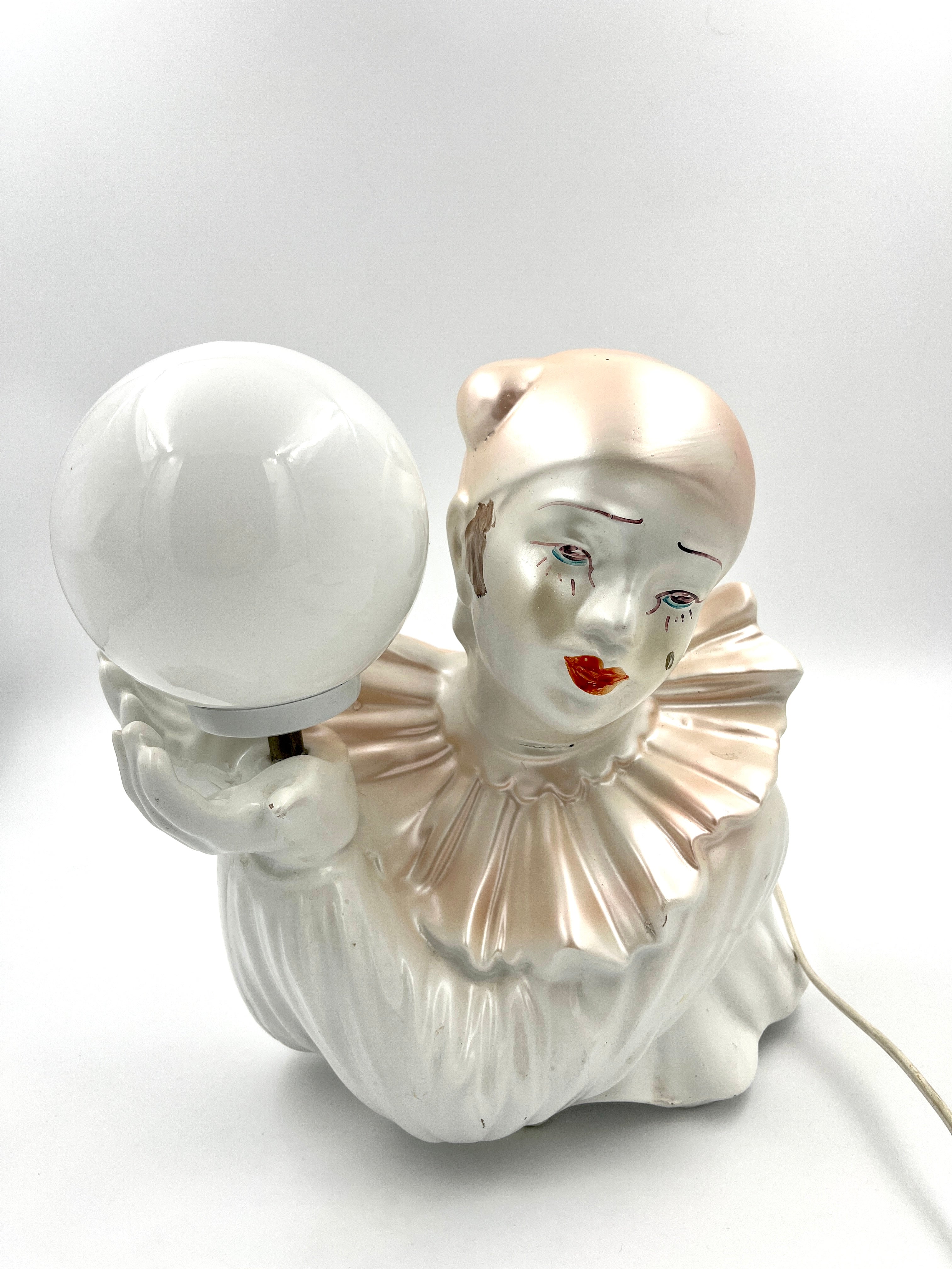 Vintage Pierrot Plastic Table Lamp  Retro Clown Lamp with Glass Globe 1970s 1980s