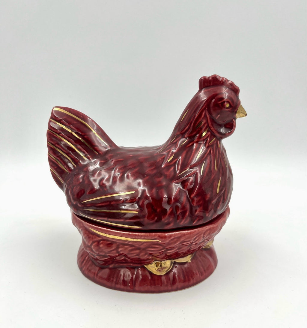 Michel Caugant Ceramic Hen Candy Dish – French Barbotine – Red with Gold Details