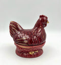 Michel Caugant Ceramic Hen Candy Dish – French Barbotine – Red with Gold Details