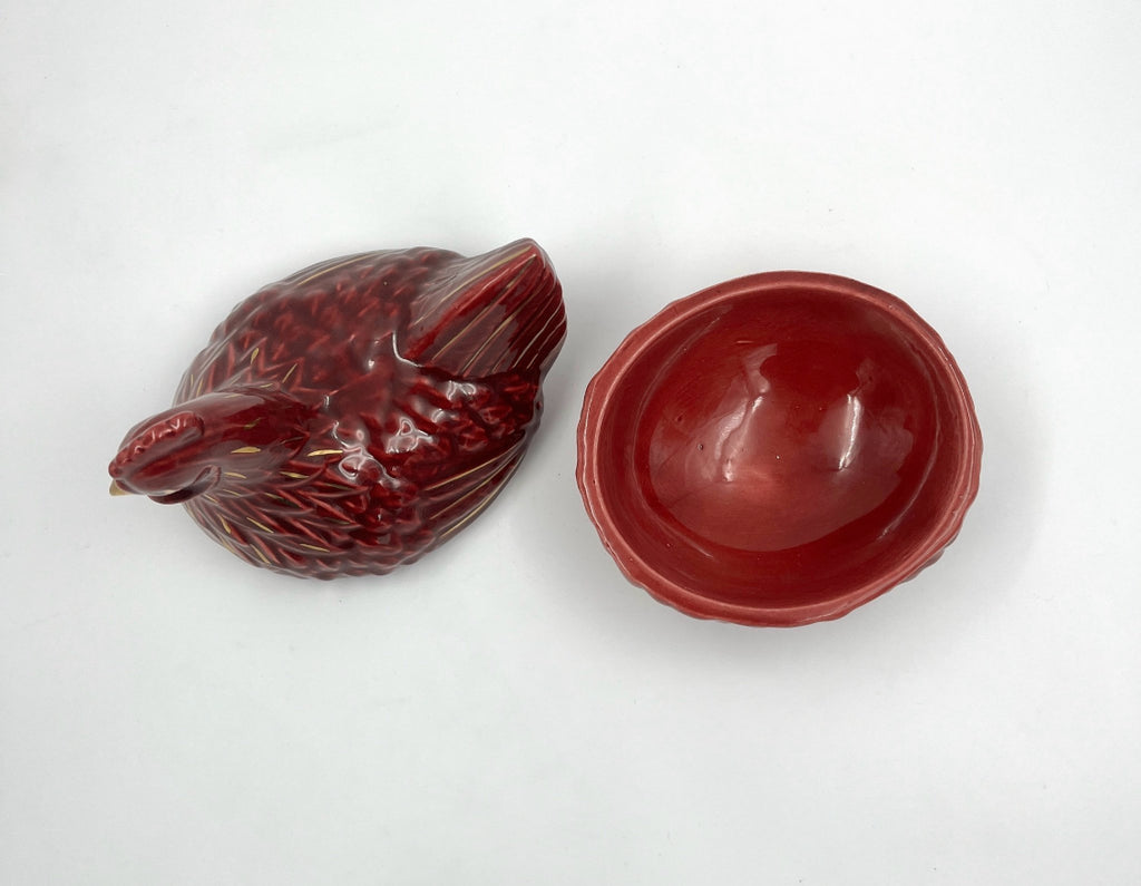 Michel Caugant Ceramic Hen Candy Dish – French Barbotine – Red with Gold Details