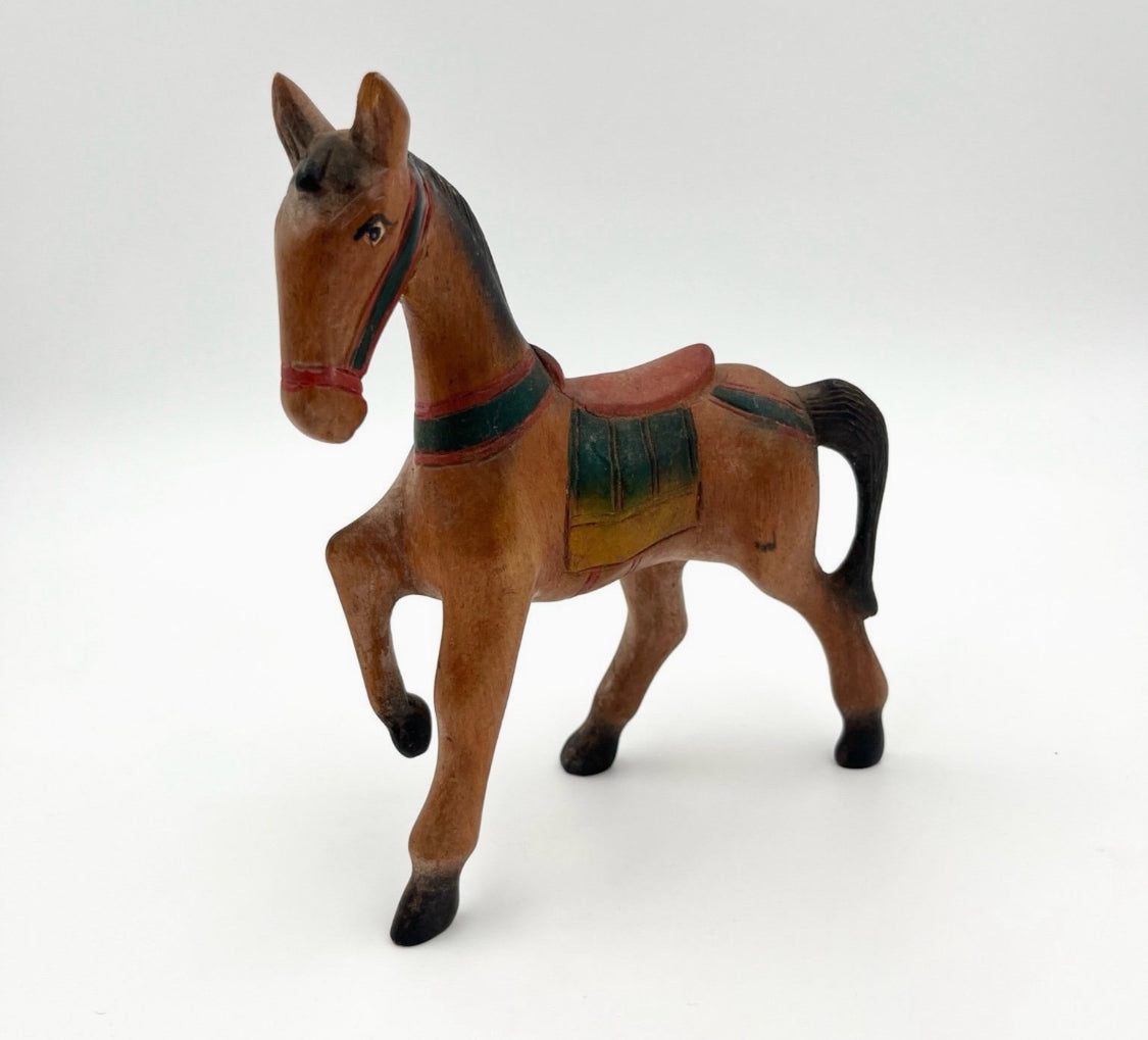 Vintage Hand-Painted Wooden Horse Figurine Folk Art Decor