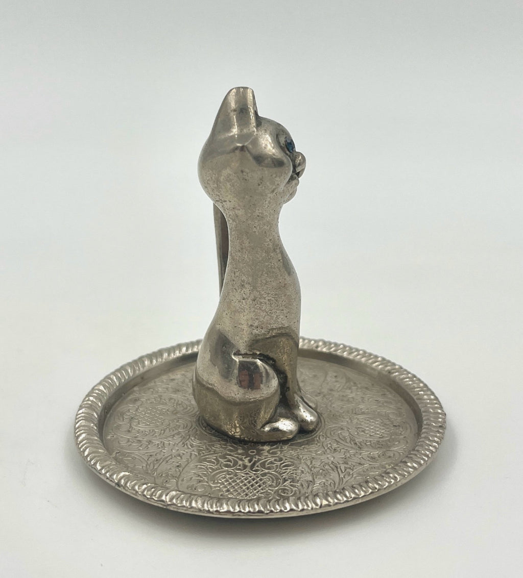 Vintage Cat Jewelry Holder Ring Holder Silver Tray