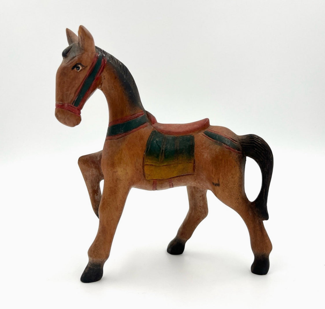 Vintage Hand-Painted Wooden Horse Figurine Folk Art Decor