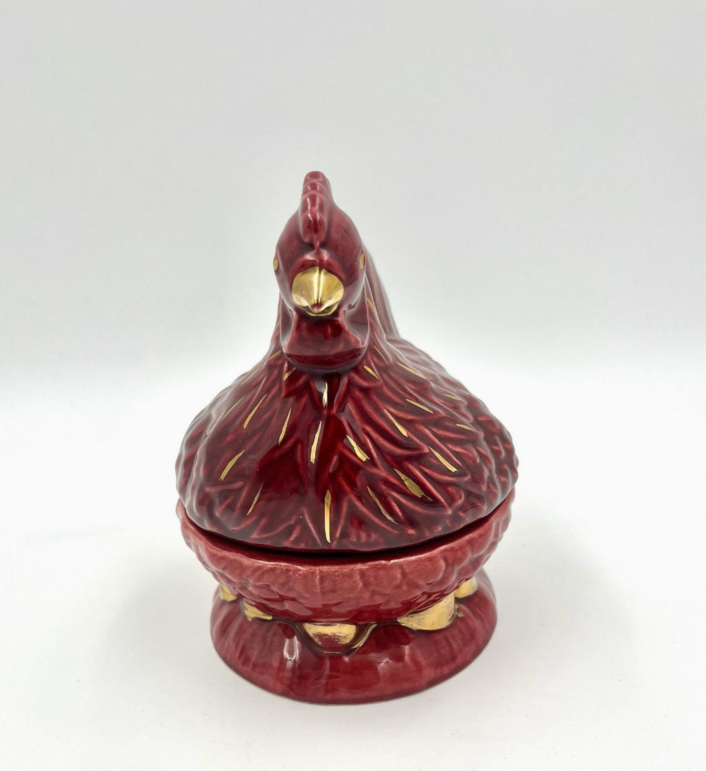 Michel Caugant Ceramic Hen Candy Dish – French Barbotine – Red with Gold Details