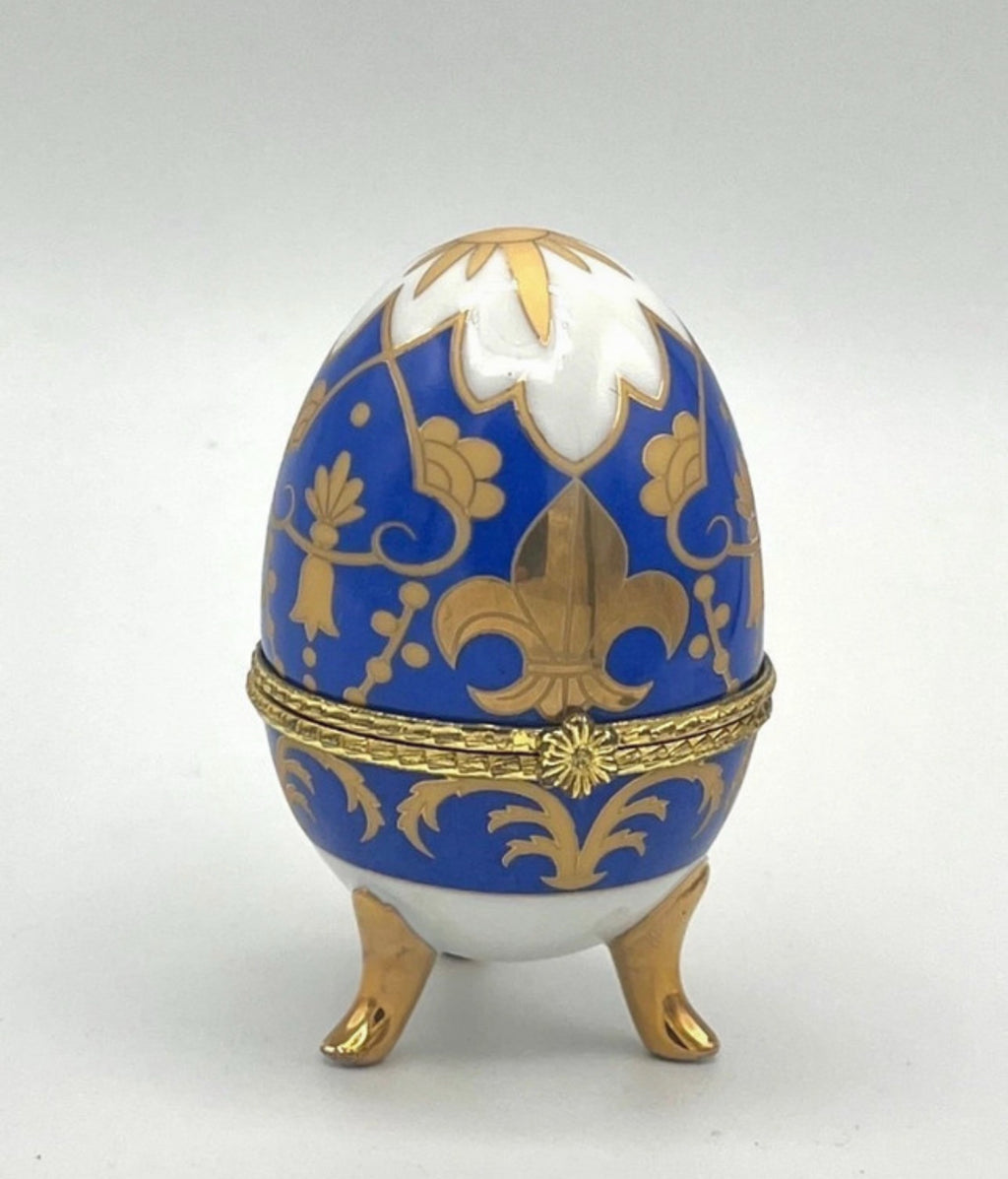 Porcelain egg trinket box Fabergé style cobalt blue & gold
