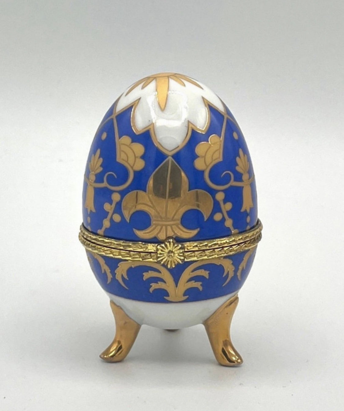 Porcelain egg trinket box Fabergé style cobalt blue & gold