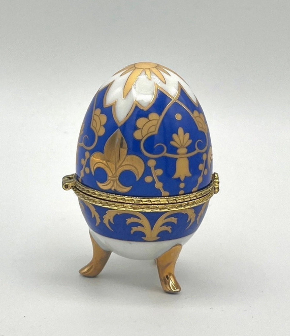 Porcelain egg trinket box Fabergé style cobalt blue & gold