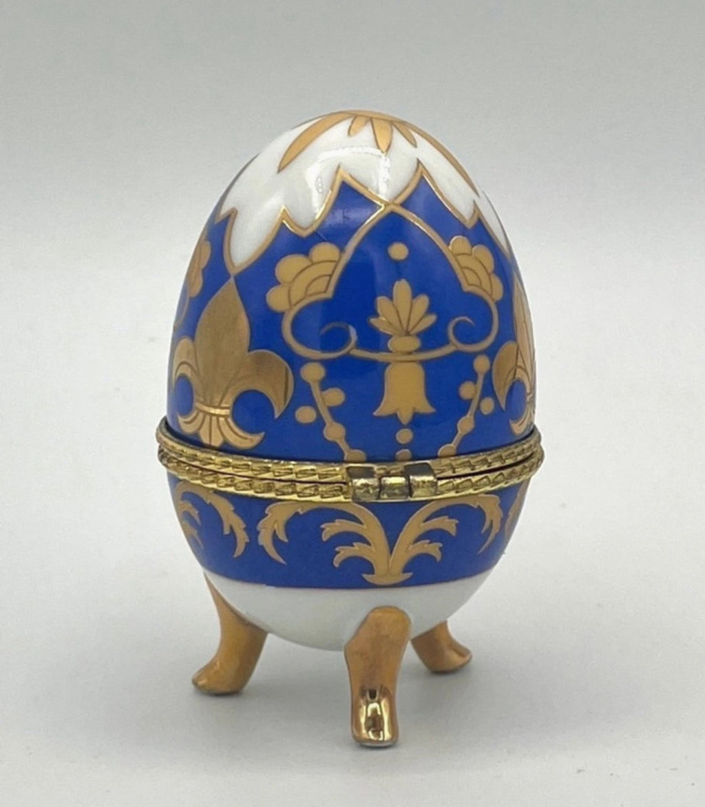 Porcelain egg trinket box Fabergé style cobalt blue & gold