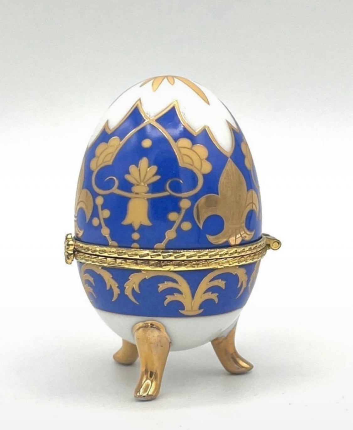 Porcelain egg trinket box Fabergé style cobalt blue & gold