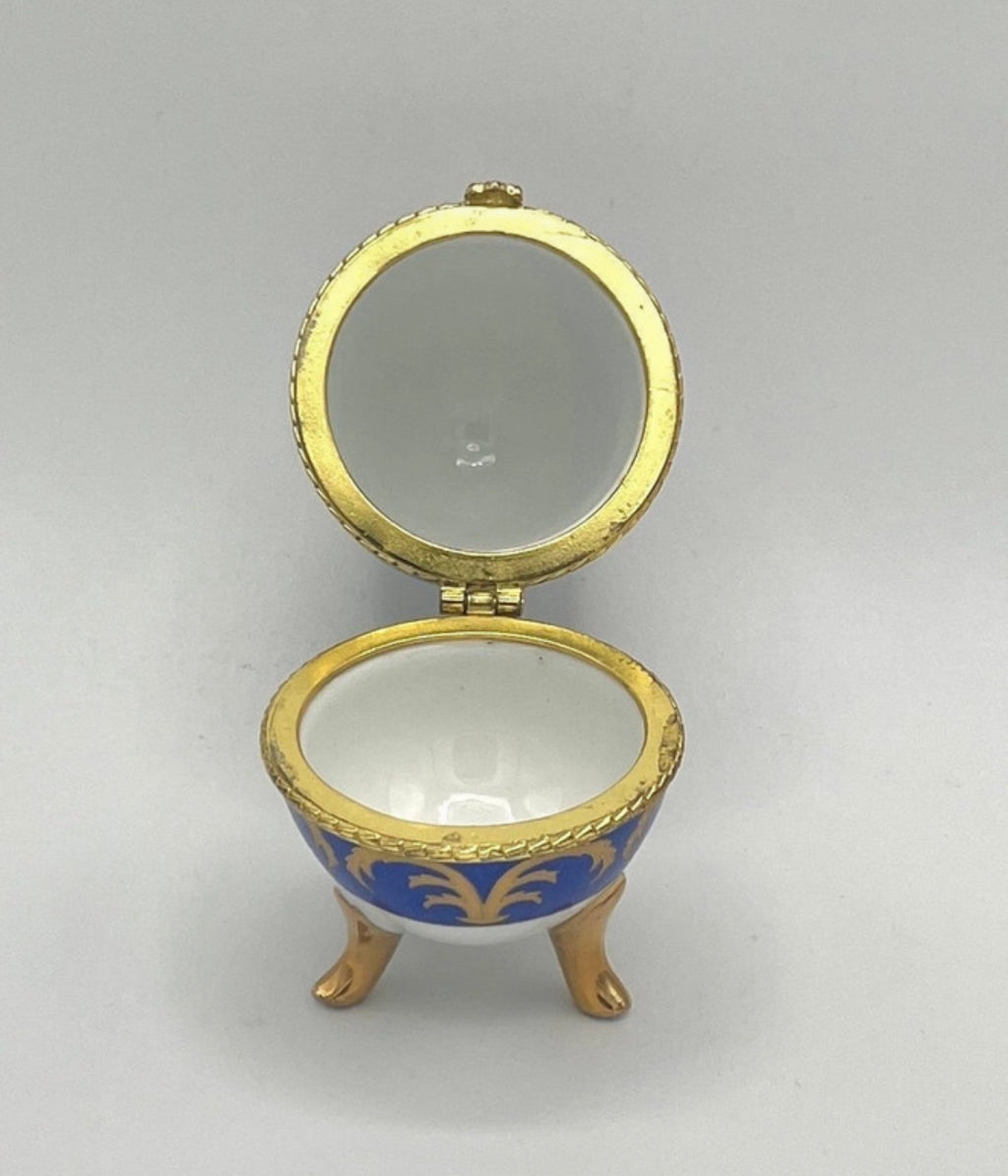 Porcelain egg trinket box Fabergé style cobalt blue & gold