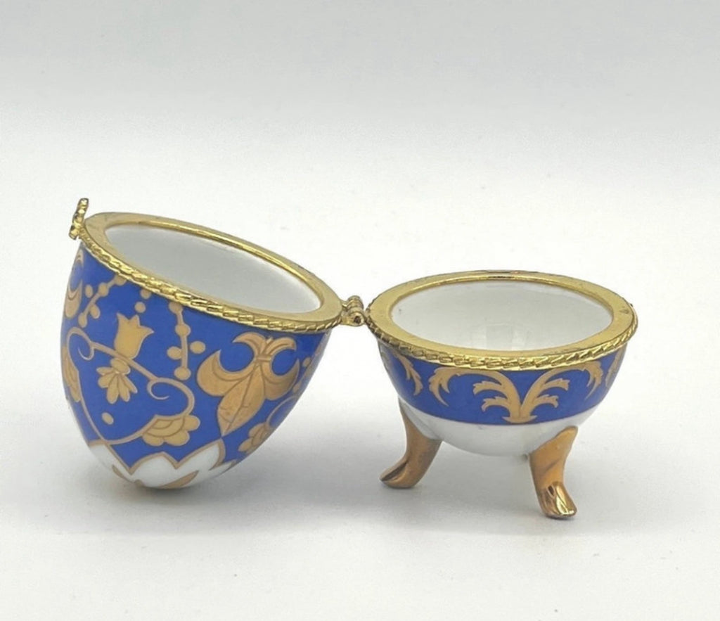 Porcelain egg trinket box Fabergé style cobalt blue & gold