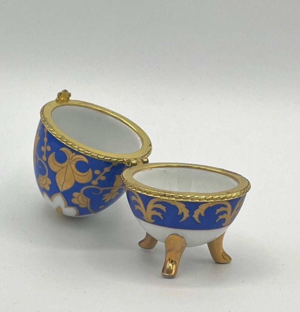 Porcelain egg trinket box Fabergé style cobalt blue & gold
