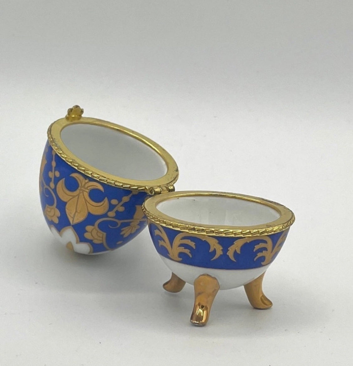 Porcelain egg trinket box Fabergé style cobalt blue & gold