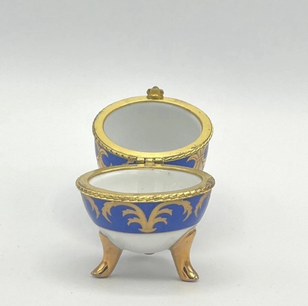 Porcelain egg trinket box Fabergé style cobalt blue & gold