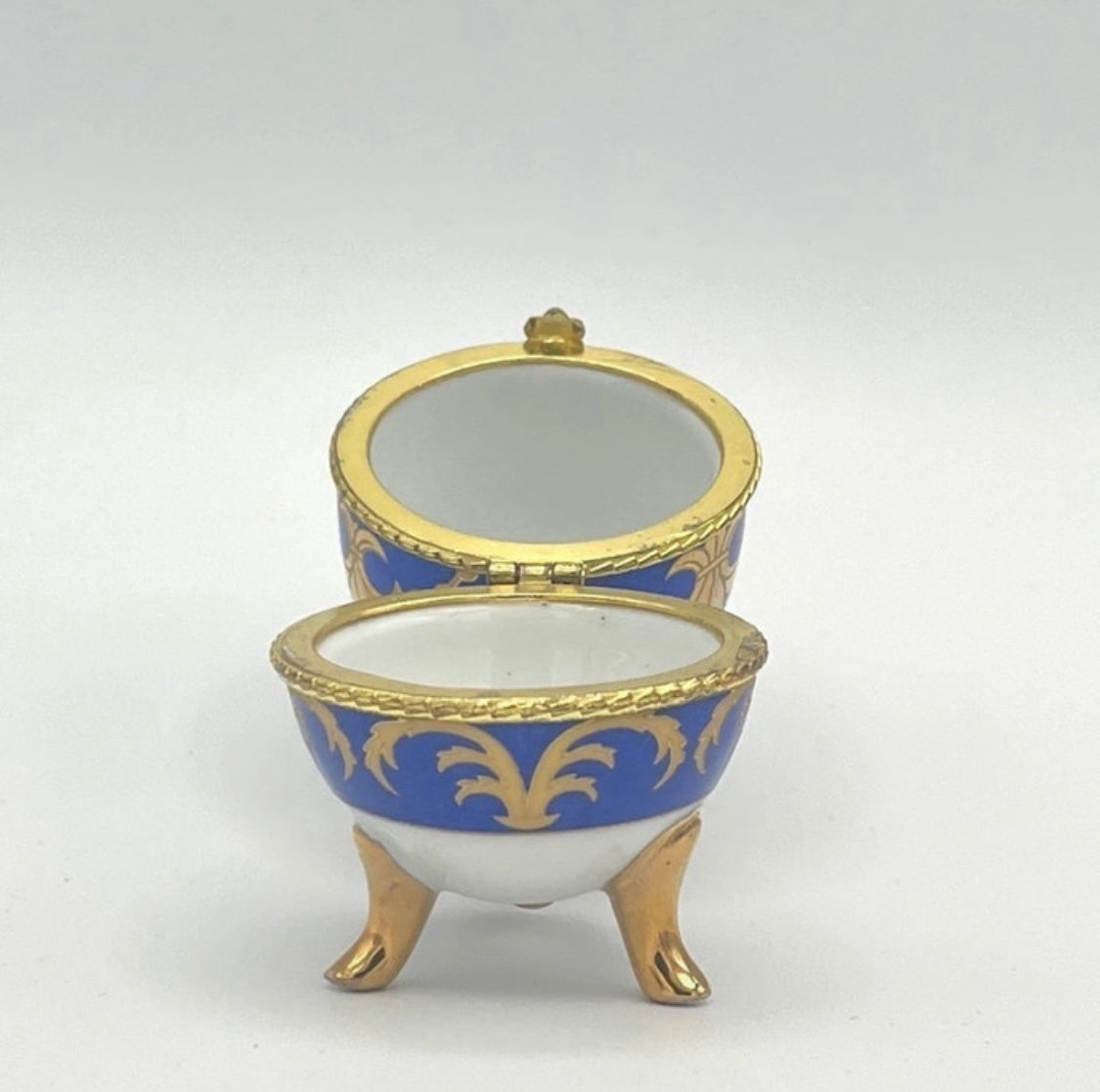 Porcelain egg trinket box Fabergé style cobalt blue & gold