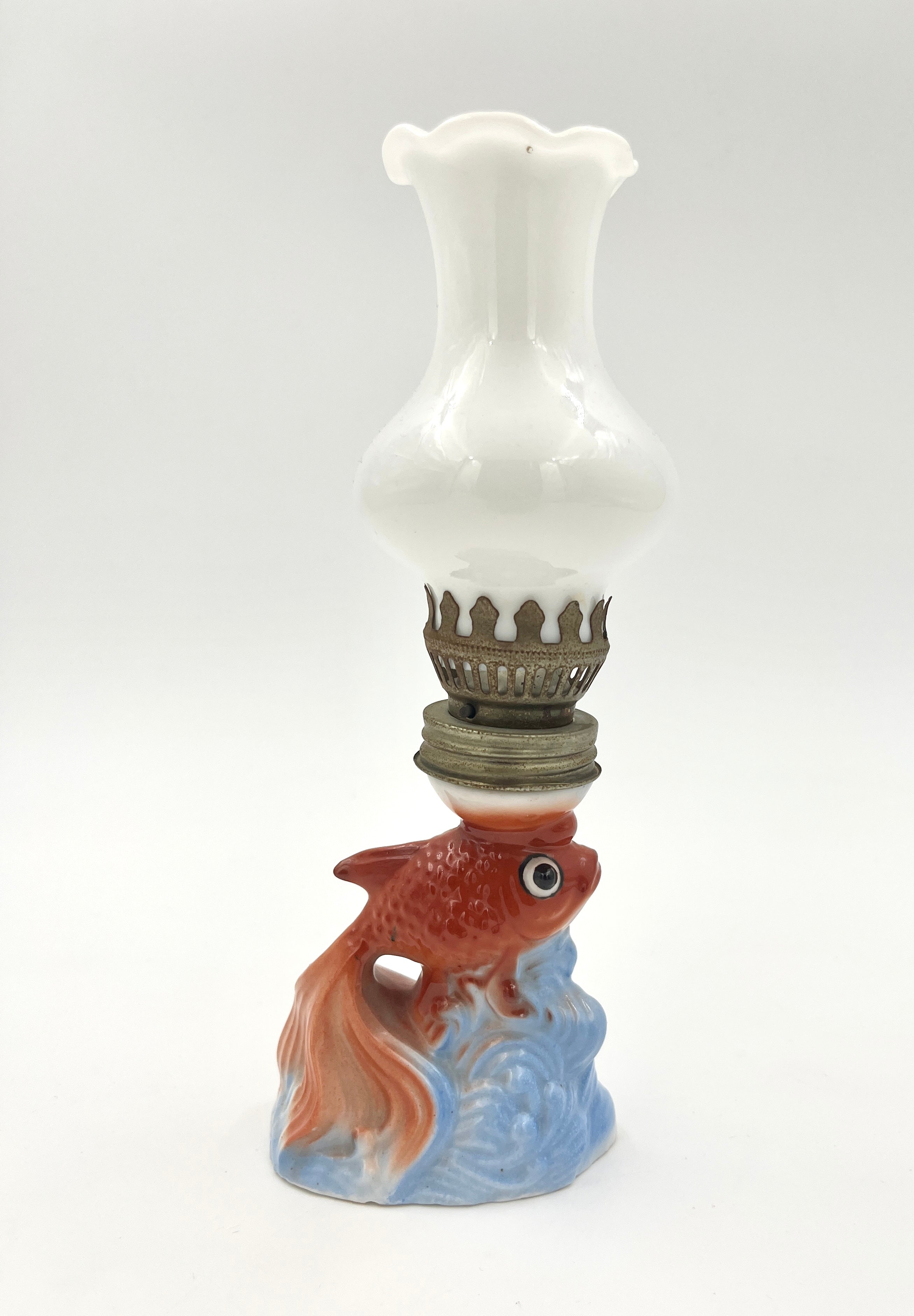 Vintage Kerosene Lamp Porcelain Goldfish with Opaline Glass Shade