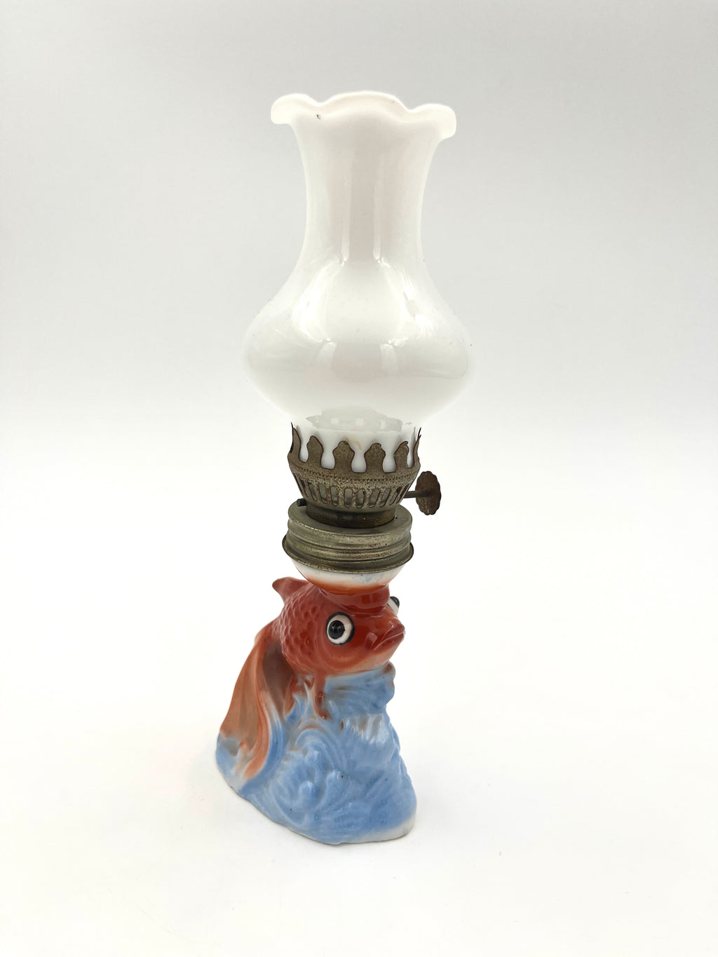 Vintage Kerosene Lamp Porcelain Goldfish with Opaline Glass Shade