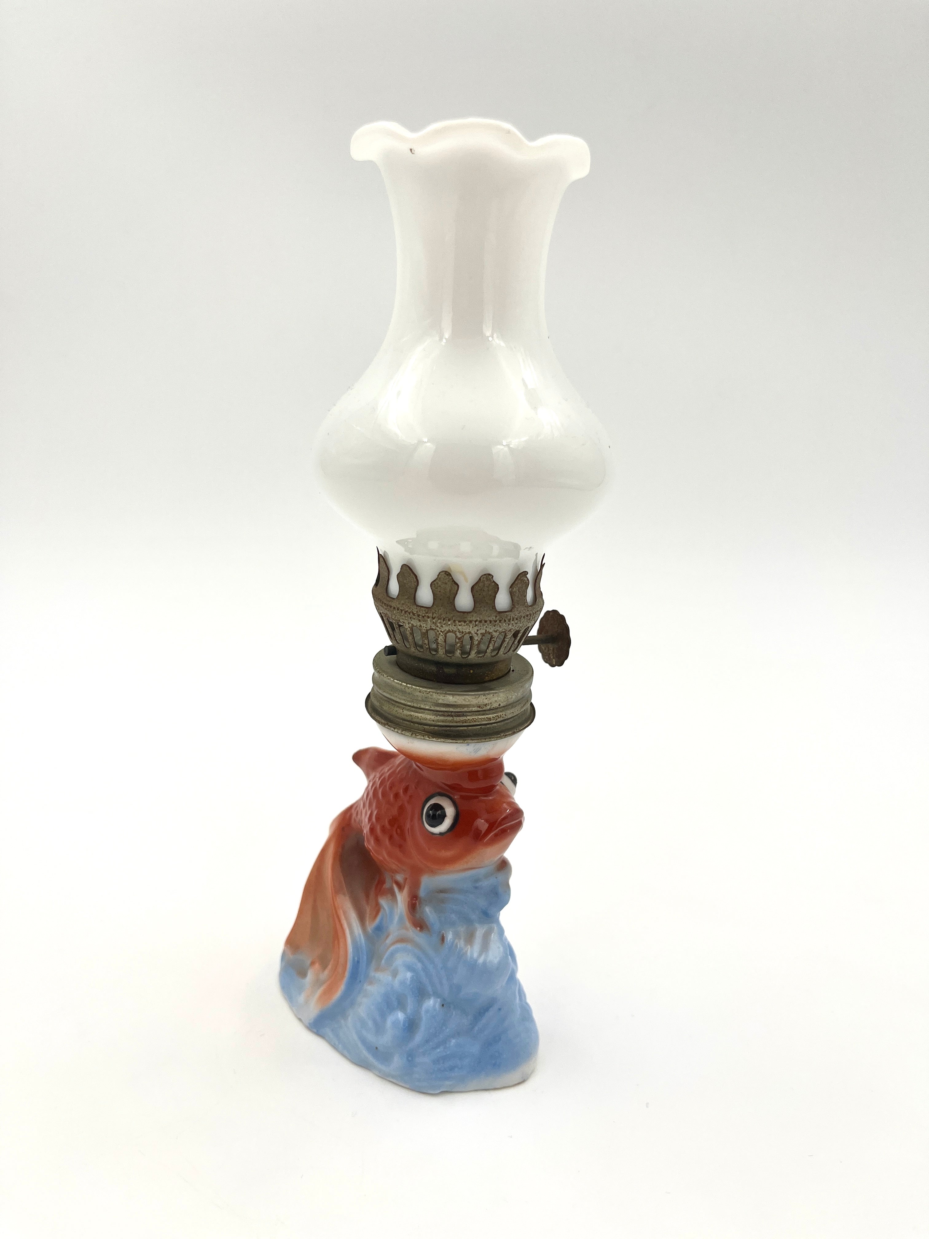 Vintage Kerosene Lamp Porcelain Goldfish with Opaline Glass Shade